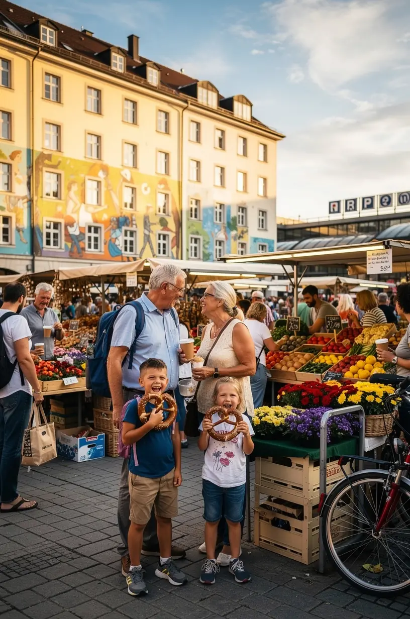 Gemütlicher Marktplatz mit lokalen Ständen, die frische, regionale Spezialitäten und hausgemachte Produkte anbieten.